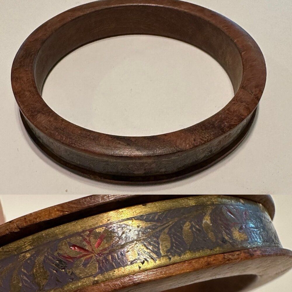 Vintage Wood Wooden Brass Metal Inlay Bangle Bracelet Boho Brown